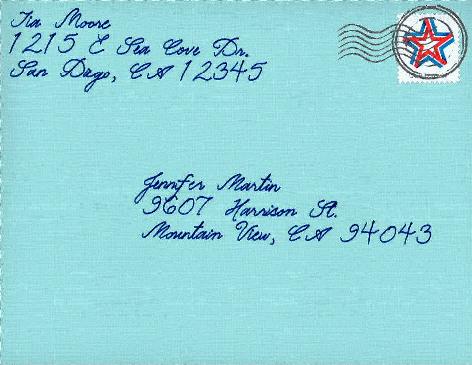 A hand-addressed blue envelope, stamped and ready to mail