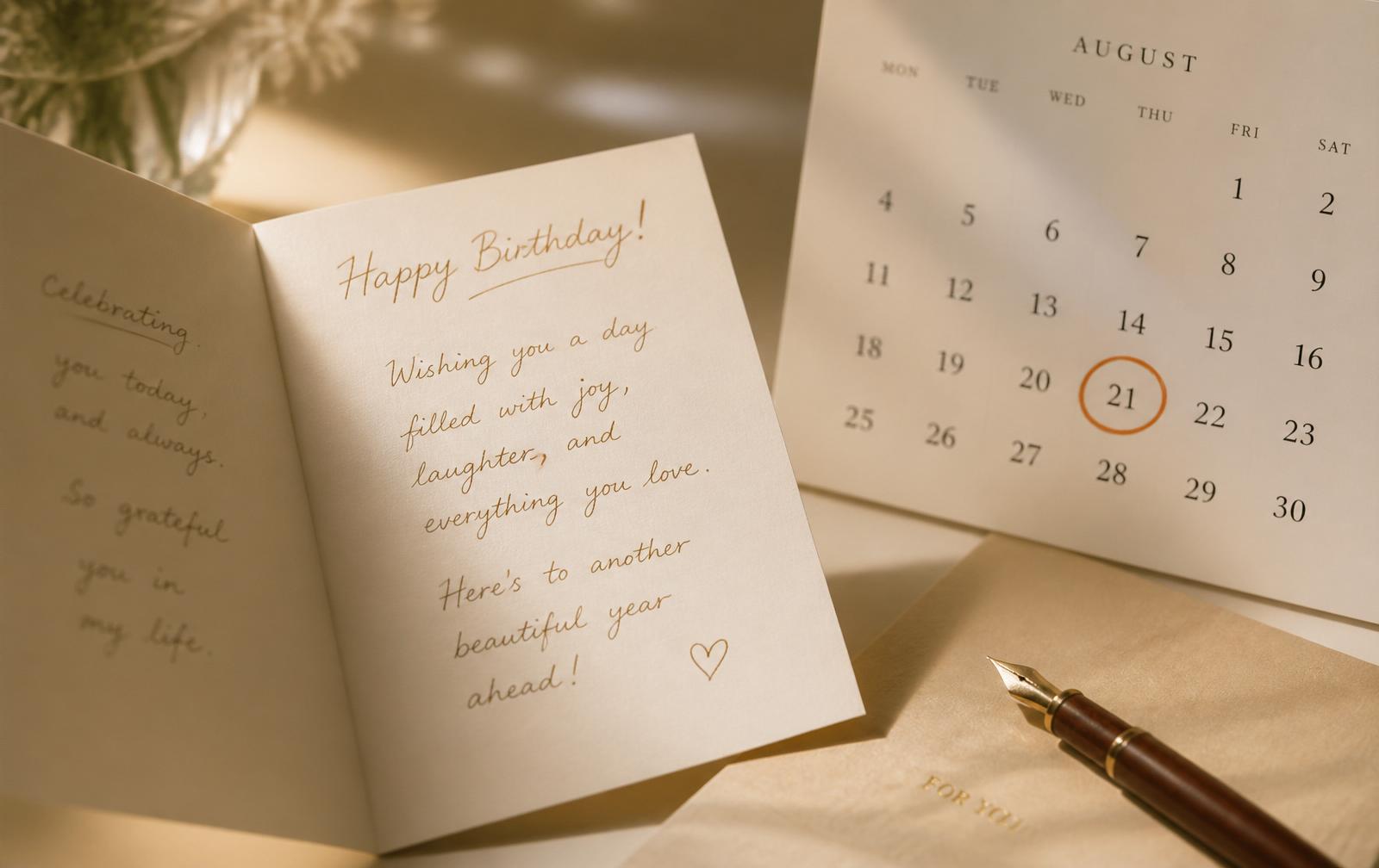 An open handwritten birthday card beside a calendar with the date circled
