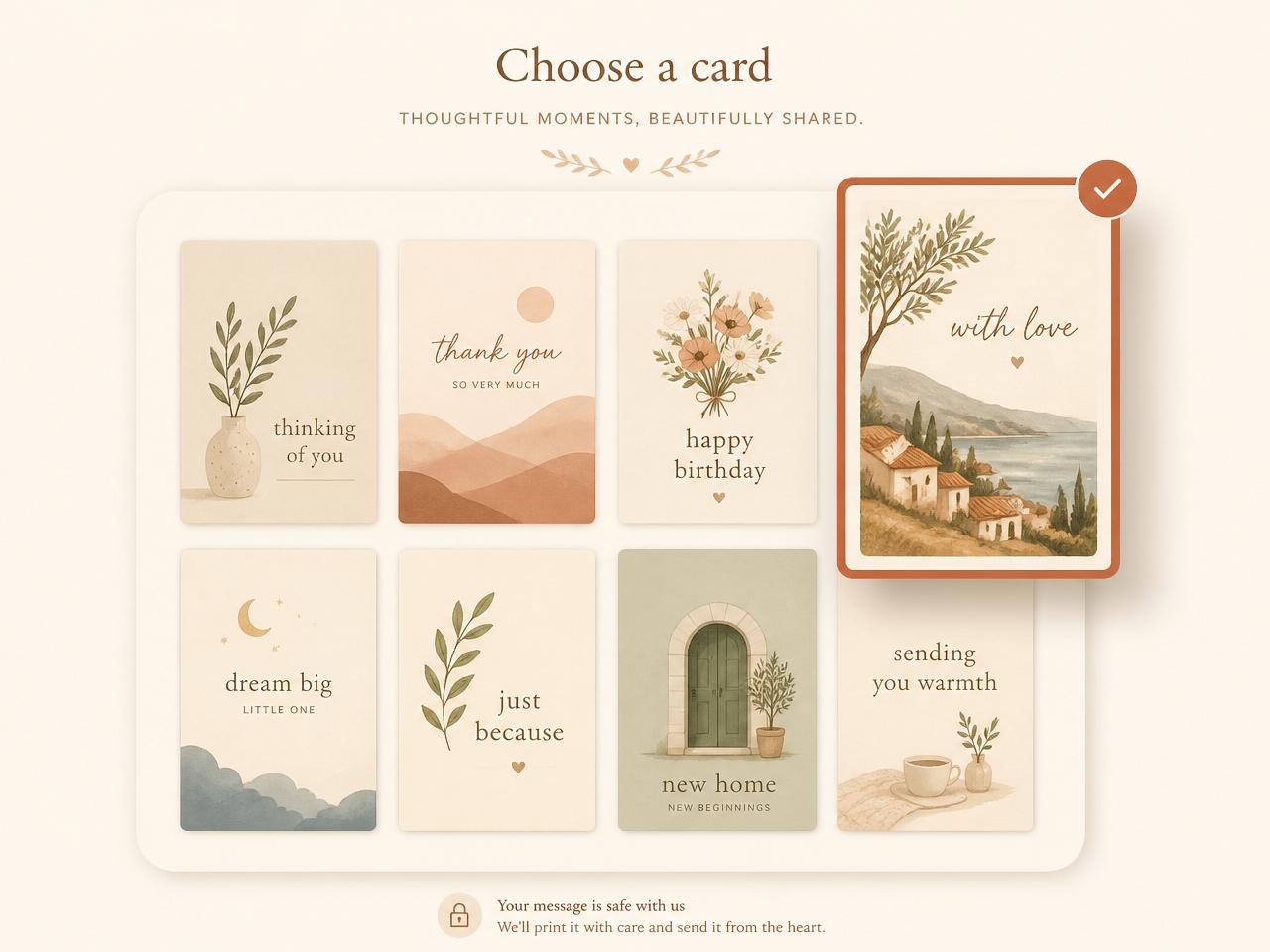 Choosing a greeting card design in the Notably catalog