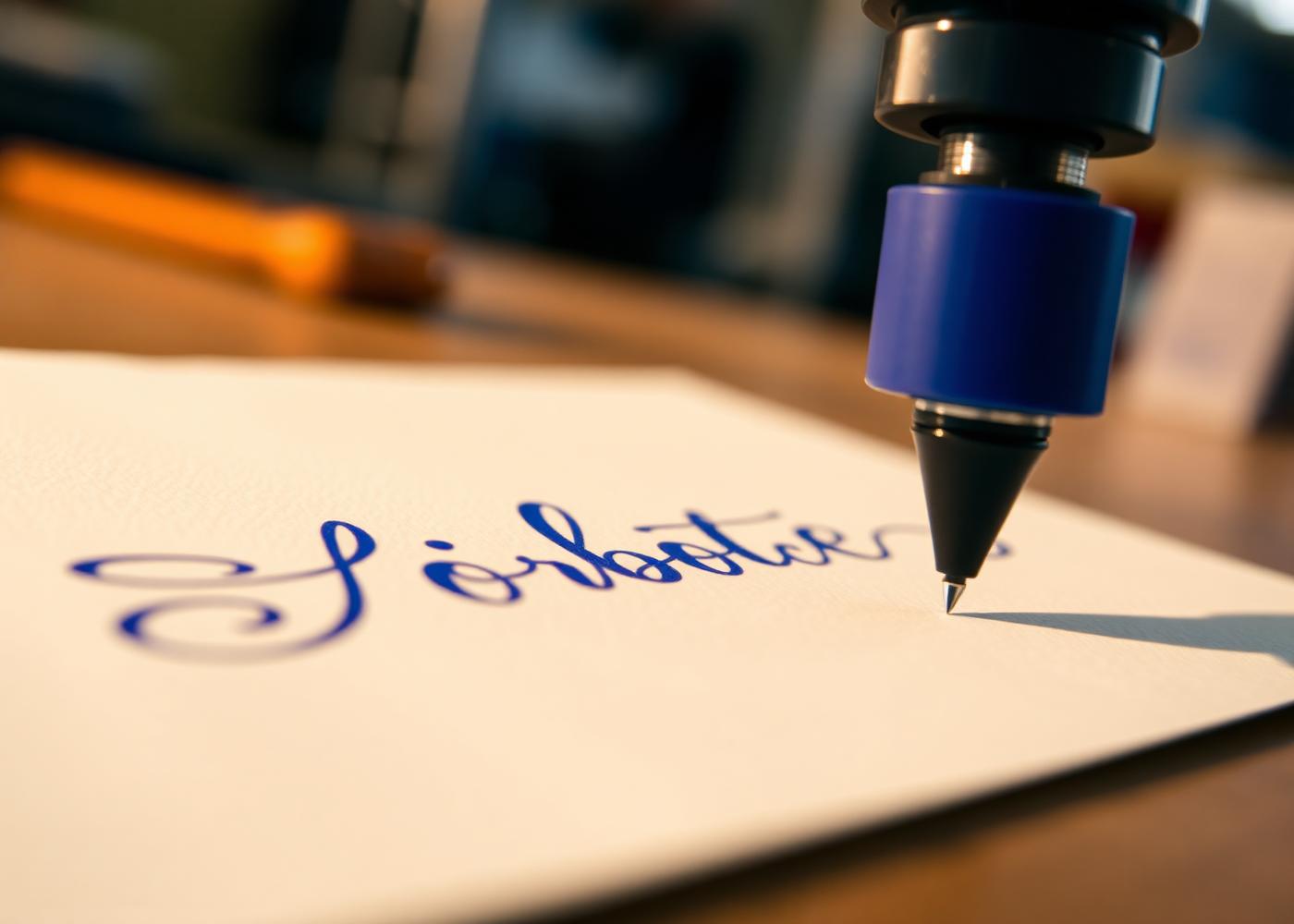 Robotic pen writing in blue ink